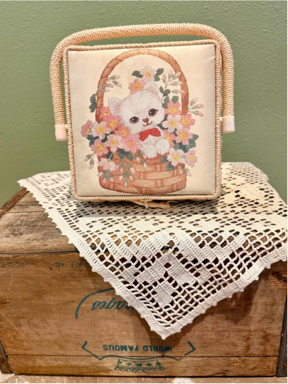 Vintage Plastic Wicker Sewing Basket with White Kitten Cushion Top | Retro Craft